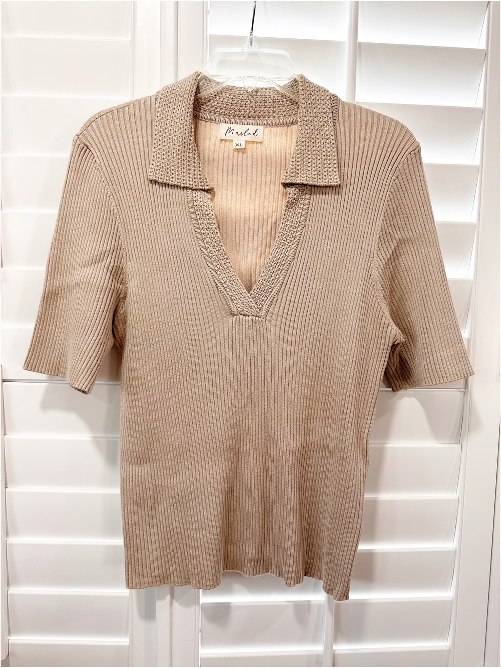 Marled Rib Knit Collared Sweater Top XL Taupe V-Neck Short Sleeve Preppy Polo
